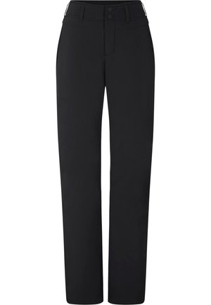 Zwarte rechte broek met riemlussen, twee knopen sluiting en ritssluiting, weergegeven tegen een witte achtergrond.