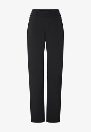 Sorte bukser med lige ben, bæltestropper, to knapper og lynlås, vist mod en hvid baggrund.