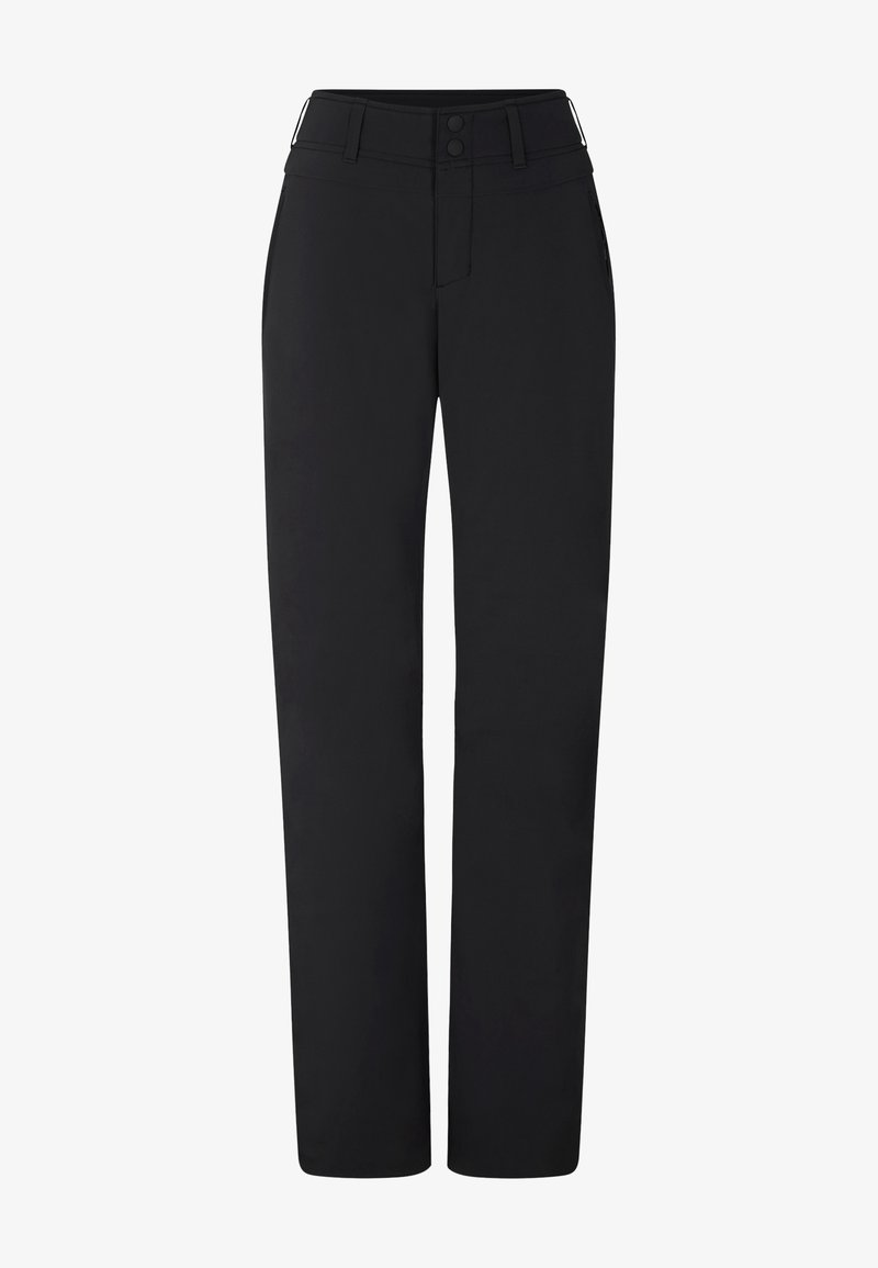 Czarne spodnie o prostych nogawkach z pętelkami na pasek, zapięciem na dwa guziki i zamkiem błyskawicznym, przedstawione na białym tle.