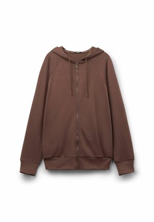 Sudadera con cremallera marrón de corte relajado, que cuenta con una capucha con cordón, puños acanalados y una textura suave. Ideal para el uso diario.