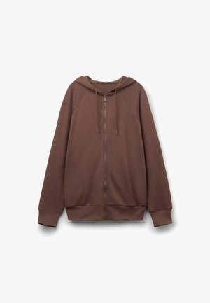 Brauner Zip-Hoodie mit lockerer Passform, ausgestattet mit einer Kordelzugkapuze, gerippten Bündchen und einer glatten Textur. Ideal für den Freizeitlook.
