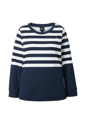 Marineblauwe trui met horizontale witte strepen, ronde hals, lange mouwen en een eenvoudig geborduurd detail aan de zoom.