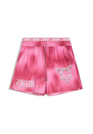 Pink tie-dye shorts with elastic waistband, drawstring, side pockets, a silver flame graphic on the right leg, and mirrored Roman numerals on the left leg.