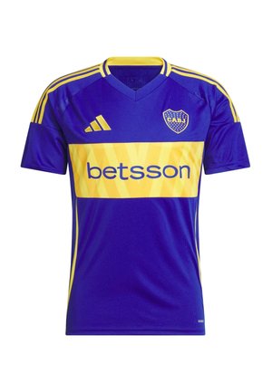 La camiseta de fútbol Adidas en azul y amarillo presenta un diseño de cuello en V, con una franja amarilla y el logo de "betsson" en el pecho, junto con el emblema del equipo.