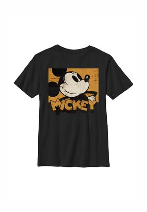 Sort kortærmet t-shirt med vintage-stil grafik af Mickey Mouse og ordet "MICKEY" i fede bogstaver på en orange baggrund.