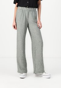 Svetle šedé široké kalhoty s elastickým pasem. Tkanina má texturovaný, tkaný vzhled. Nošeny s bílými teniskami.