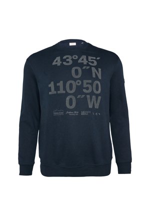 Marineblaue Sweatshirt mit langen Ärmeln, Rundhalsausschnitt und großen grafischen Koordinaten in hellgrau auf der Vorderseite bedruckt. Mit Logo-Akzenten.