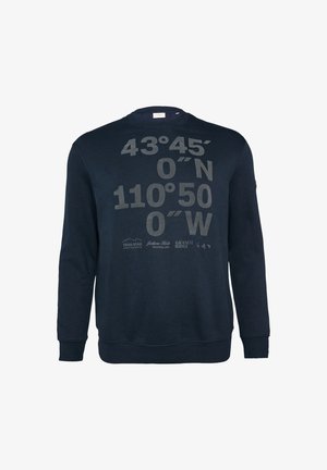 Marineblaue Sweatshirt mit langen Ärmeln, Rundhalsausschnitt und großen grafischen Koordinaten in hellgrau auf der Vorderseite bedruckt. Mit Logo-Akzenten.