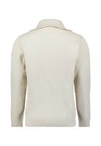 Crème ribgebreide trui met een omslagkraag, lange mouwen en een gestructureerde afwerking. Heeft een getailleerd silhouet en subtiele details op de achterkant.