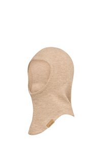 Hellbraune gestrickte Sturmhaube aus weichem Material, mit glatter Textur, abgerundeten Kanten und einem kleinen Markenetikett an der Basis.