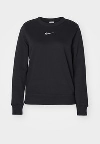 Black sweatshirt made of soft fabric with a crew neck, long sleeves, ribbed cuffs, and hem. Features a small white Nike logo on the chest.