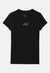 Must r�äpasee lühikeste varrukatega Armani Exchange T-särk ümmarguse kaelusega ja väikese valge "A|X" logoga, mis on keskendatud rinnale.