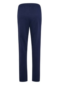 Marineblaue Hose aus weichem Stoff mit elastischem Bund, gerader Beinschnitt und ohne zusätzliche Details oder Muster.