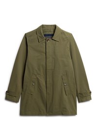 Manteau léger vert olive avec un col boutonné, des poches avant à pression et des poignets ajustables. Tissu lisse avec un minimum de détails.