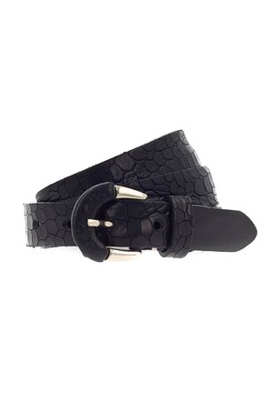 Cintura in pelle nera con un motivo testurizzato simile a quello dei rettili, dotata di una fibbia rotonda con accenti in argento e un'estremità liscia.