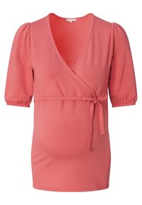 Top avvolgente color corallo con maniche a palloncino corte, legatura in vita, realizzato in tessuto morbido. Presenta un profondo scollo a V e una superficie liscia.