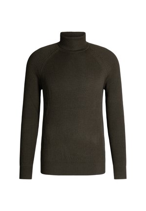 Olijfgroene geribde coltrui met lange mouwen, met een aansluitend ontwerp en textuurmateriaal, geschikt voor layering.