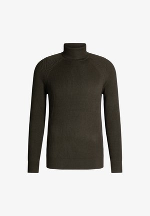Olivgrüner, gerippter Rollkragenpullover mit langen Ärmeln, der eine figurbetonte Passform und ein strukturiertes Material aufweist, ideal zum Layering.
