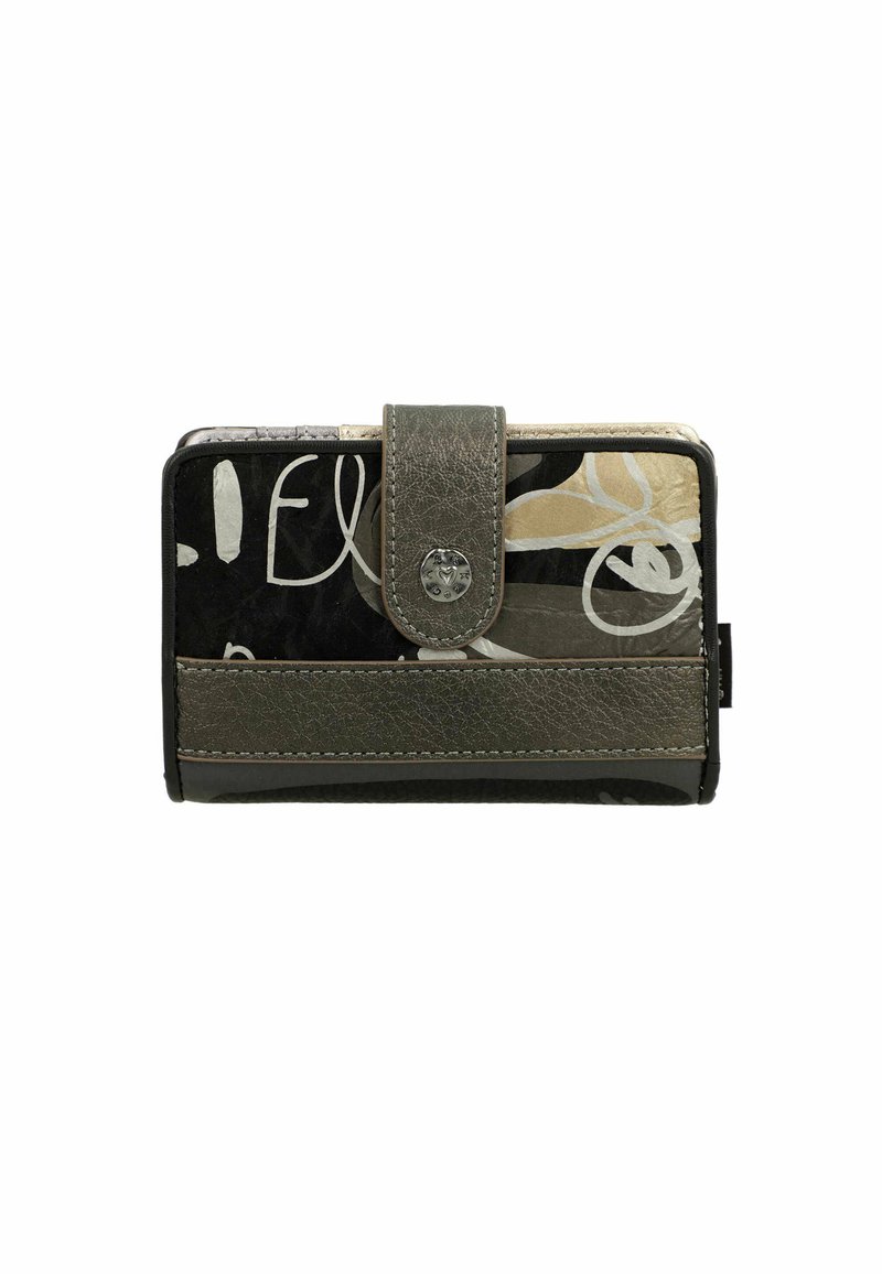 Cartera negra y gris con un acabado texturizado, que presenta un cierre decorativo y patrones abstractos en dorado y blanco en la parte delantera.