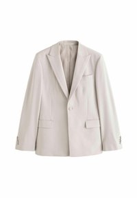 Hellgrauer Blazer aus einem glatten Stoff, mit Reverskragen, einfacher Knopfverschluss, zwei vorderen Taschen und geknöpften Manschetten.