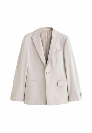 Lys grå blazer lavet af et glat stof, med klapkrave, enkelt knaplukning, to forlommer og knapmanchetter.