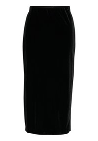 Juodas veliūrinis midi sijonas su elastingu liemeniu, lygiu tekstūra ir kūną atliepiančia siluetu, siekiančiu vidurį blauzdos.