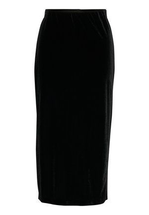 Černá sametová midi sukně s elastickým pasem, hladkou texturou a přiléhavým střihem sahajícím do poloviny lýtek.