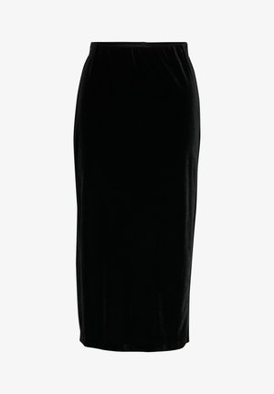 Crna baršunasta midi suknja s elastičnim pojasom, glatkom teksturom i oblikujućim siluetom koja seže do sredine lista.