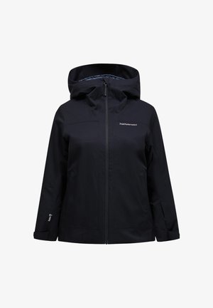 Black waterproof jacket with a hood, front zipper, and side pockets. Features a soft lining and adjustable cuffs for comfort.