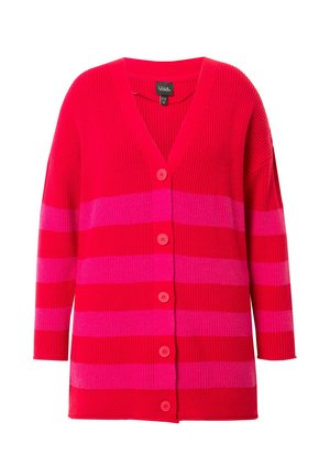 Cardigan a righe rosso e rosa con scollo a V, texture a coste e sei bottoni abbinati lungo il frontale. Maniche lunghe, vestibilità rilassata.