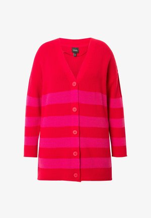 Cardigan a righe rosso e rosa con scollo a V, texture a coste e sei bottoni abbinati lungo il frontale. Maniche lunghe, vestibilità rilassata.
