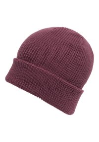 Berretto lavorato a maglia in un borgogna scuro, con un motivo a coste testurizzato e un risvolto. Il materiale sembra elastico e caldo.