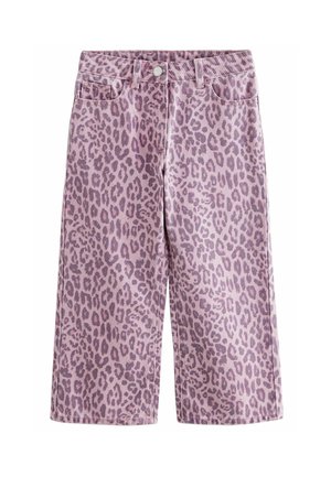 Roza jeans kratke hlače z leopardskim vzorcem, visoke pasu, s sprednjimi žepi in zapiranjem na gumb in zadrgo.