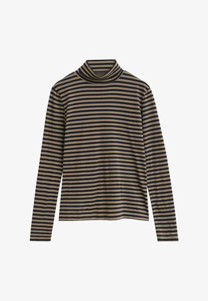 Langärmliges Rollkragenhemd mit horizontalen schwarzen und braunen Streifen, flach auf einem weißen Hintergrund ausgelegt.