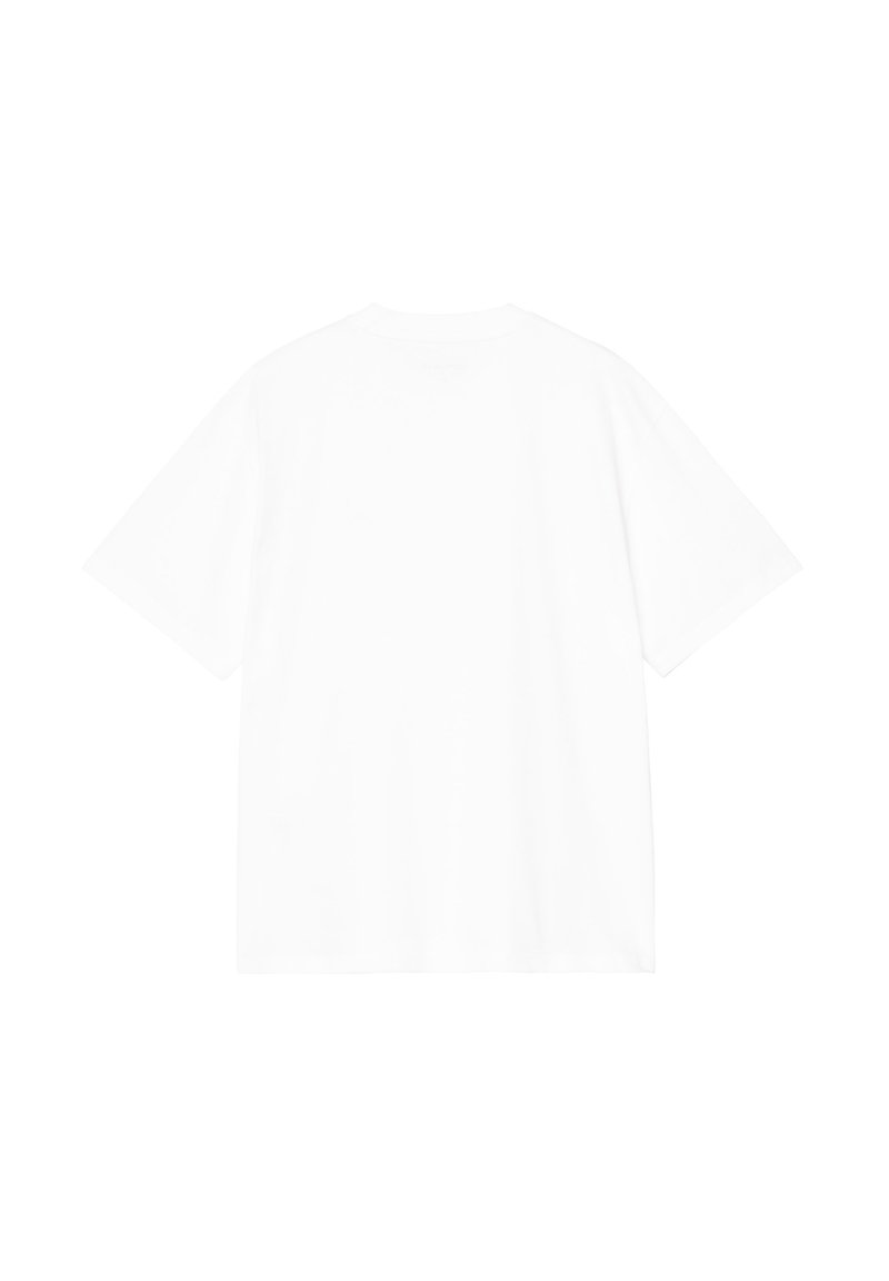 Camiseta de manga corta y cuello redondo, hecha de algodón blanco liso, con un corte relajado y sin gráficos ni patrones visibles en la parte posterior.