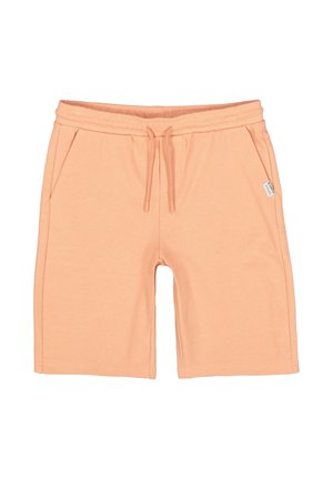 Perzikkleurige casual shorts met elastische tailleband, verstelbare tunnelkoord, zijzakken en een klein wit merkembleem aan de rechterzijde.