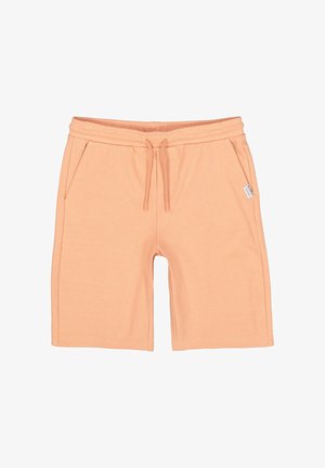 Shorts casual de color durazno con cintura elástica, cordón ajustable, bolsillos laterales y una pequeña etiqueta blanca de la marca en el lado derecho.
