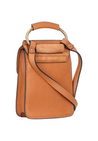 Tote aus braunem Leder mit strukturiertem Design, ausgestattet mit einem Handgriff und einem abnehmbaren Schultergurt. Glatte Oberfläche mit sichtbaren Stichen.