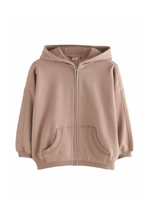 Beige full-zip hoodie with hood, ribbed cuffs and hem, and front kangaroo pockets, displayed on a plain white background.