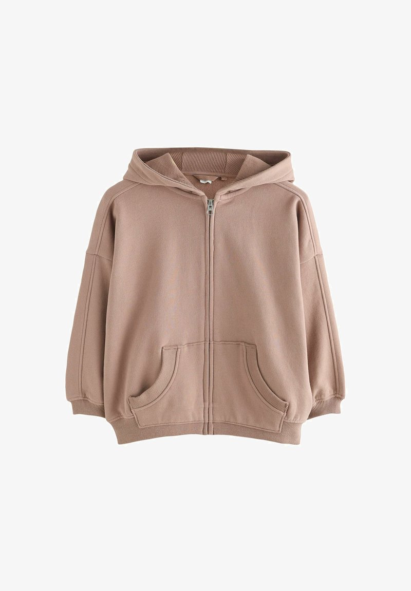 Sweat à capuche beige zippé intégralement avec capuche, poignets et ourlet côtelés, et poches kangourou à l'avant, présenté sur un fond blanc uni.