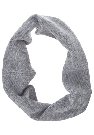 Écharpe en gris circulaire en forme d'infini, fabriquée en tissu doux, avec un motif texturé en zigzag et une finition lisse. Pas de matériel ou d'accents visibles.