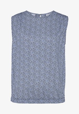 Ärmellose Bluse in Hellblau mit einem gepunkteten Muster in Dunkelblau und Schwarz. Rundhalsausschnitt mit einem kleinen Verschluss auf der Rückseite. Weicher Stoff.