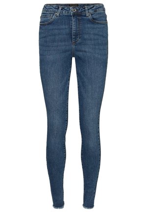 Blauwe skinny jeans met hoge taille, sluiting met knopen en rits, voor- en achterzakken, en naadloze zoom bij de enkel.