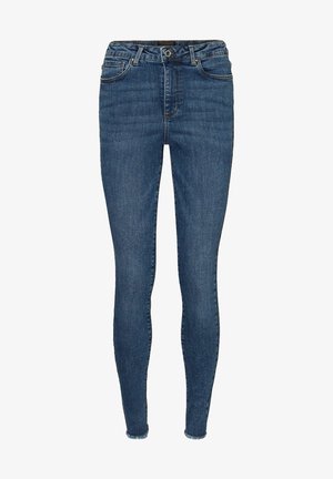 Jean skinny bleu taille haute avec fermeture à bouton et fermeture éclair, poches avant et arrière, et ourlet sans coutures à la cheville.
