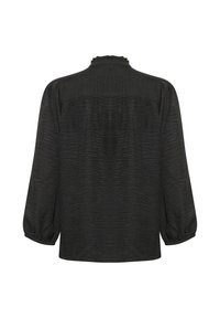 Schwarze Bluse mit langen Ärmeln aus strukturiertem Stoff und Puffärmeln. Verfügt über einen Rüschensaum und horizontale Nähte am oberen Rücken.