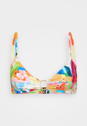 Barvita bikini zgornji del, ki ponuja mešanico cvetličnih in abstraktnih vzorcev. Narejen iz gladkega materiala z okroglim zlatim okrasjem spredaj.