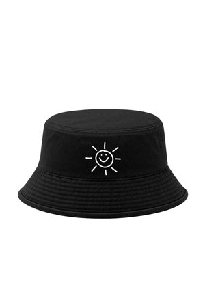 Black bucket hat with a white smiling sun graphic centered on the front, featuring stitched detailing on the brim.