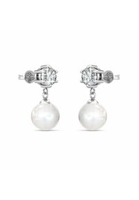 Orecchini d'argento con una perla rotonda pendente e una gemma trasparente nella parte superiore, con una finitura lucida e un design di chiusura semplice.
