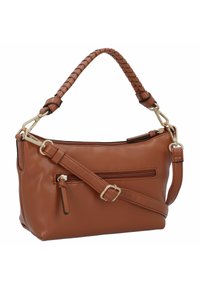 Sac à main en cuir marron avec une poignée tressée, une bandoulière réglable, une poche zippée à l'avant et des accents en métal doré. Texture lisse.