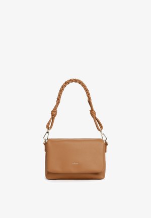 Sac à main en cuir marron avec poignée tressée et fermoirs argentés, forme rectangulaire, petit logo "MIRAGE" sur le rabat avant.